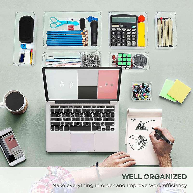 24Pcs Desk Drawer Organizer Set 5-Size Versatile Vanity and Desk Drawer Storage Bins, Clear Drawer O