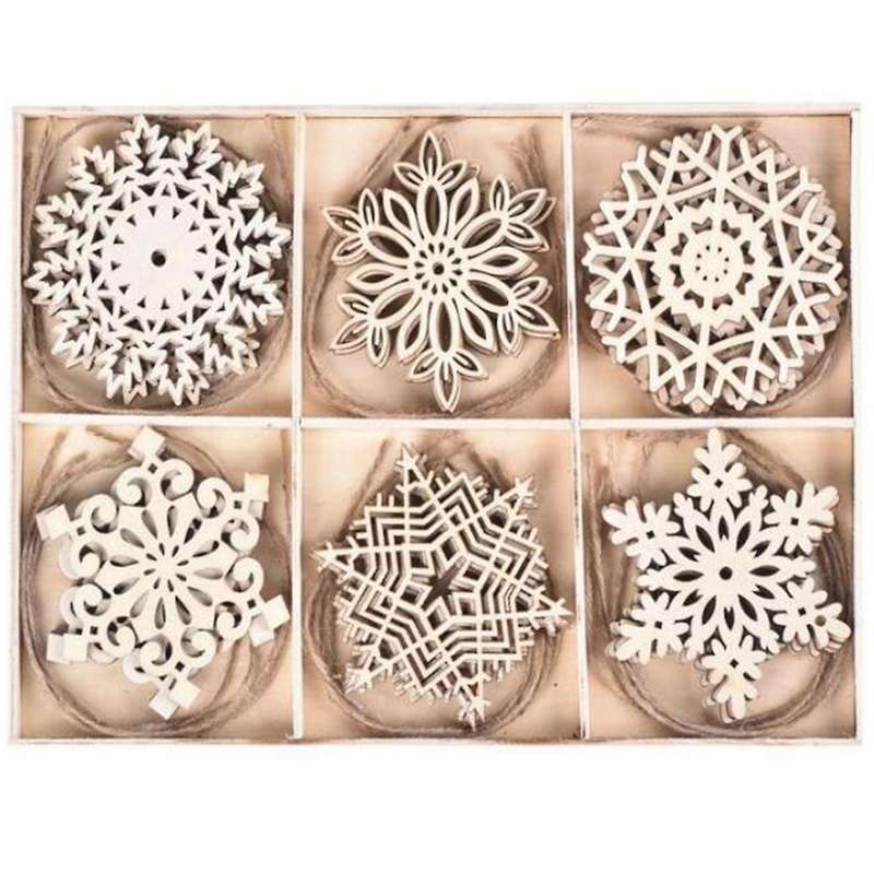 24PCS/Box Vintage Snowflake Christmas Wooden Pendants Ornaments Christmas Tree Ornaments Christmas