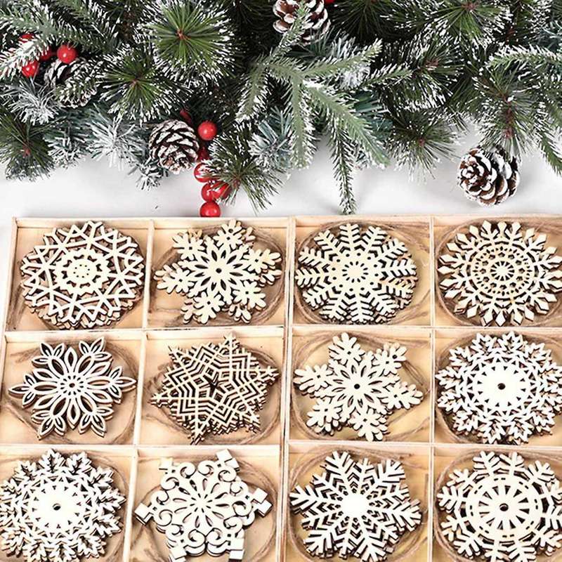 24PCS/Box Vintage Snowflake Christmas Wooden Pendants Ornaments Christmas Tree Ornaments Christmas