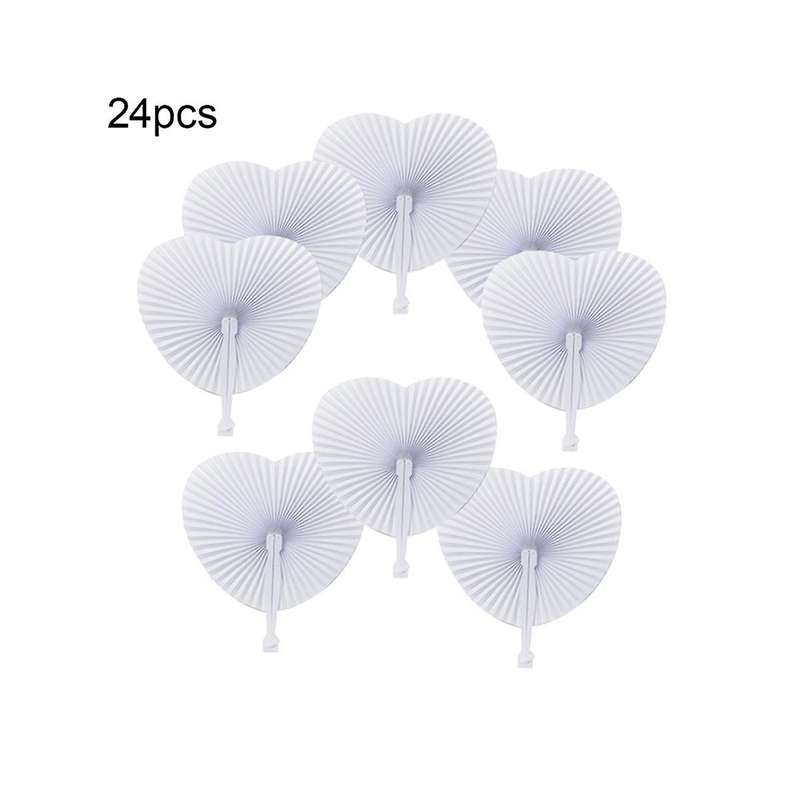 24pcs White Heart Folding Fans, Holiday Hand Fan Party Favor Diy Painting Birthday Wedding Party Dec