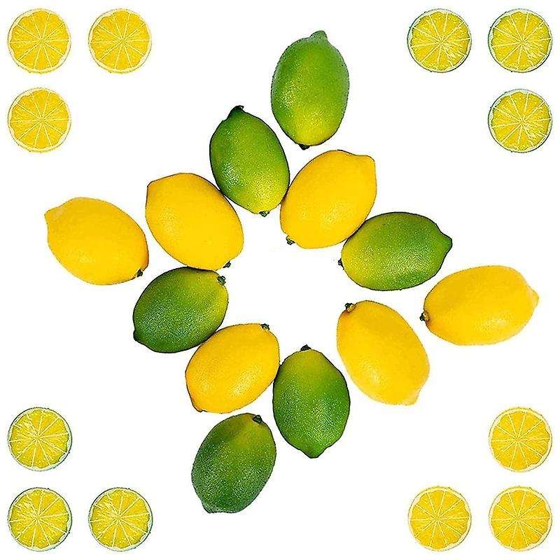 24pcs Vivid Lemons Limes and Slices Set, Artificial Fruit Decorations Kitchen Table Cabinet Wedding