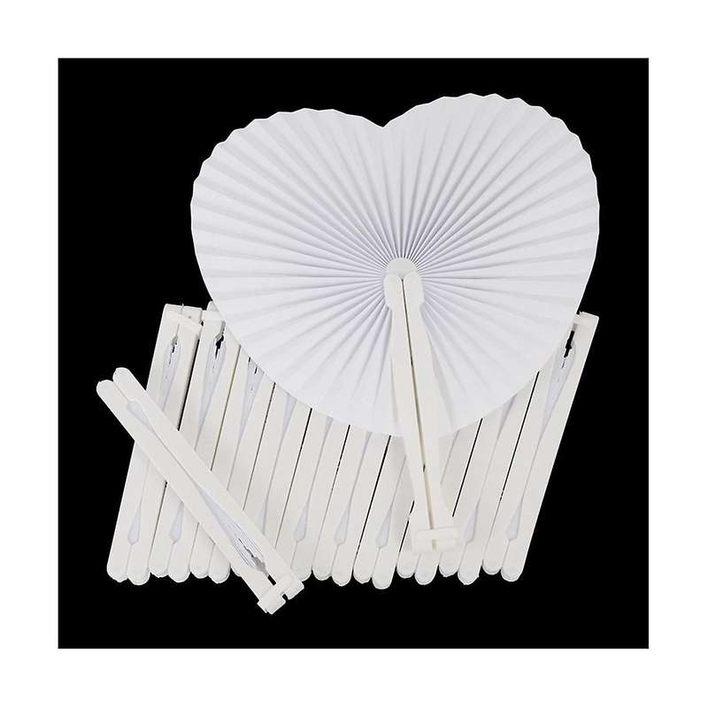 24pcs White Folding Handheld Paper Fans Round Paper Fans with Plastic Handles for Wedding Birthday