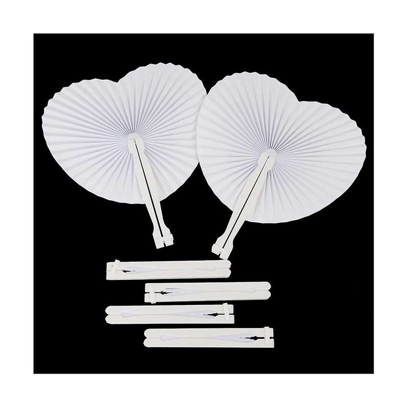 24pcs White Folding Handheld Paper Fans Round Paper Fans with Plastic Handles for Wedding Birthday