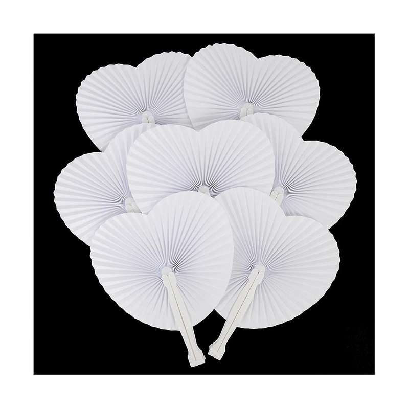 24pcs White Folding Handheld Paper Fans Round Paper Fans with Plastic Handles for Wedding Birthday