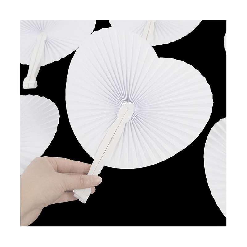 24pcs White Folding Handheld Paper Fans Round Paper Fans with Plastic Handles for Wedding Birthday