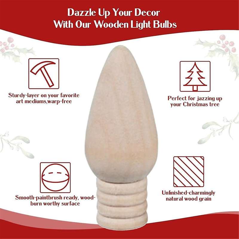 25 Pcs Wooden Christmas Light Bulb Unfinished Wood Ornaments for Crafts and Christmas Trees Supply,