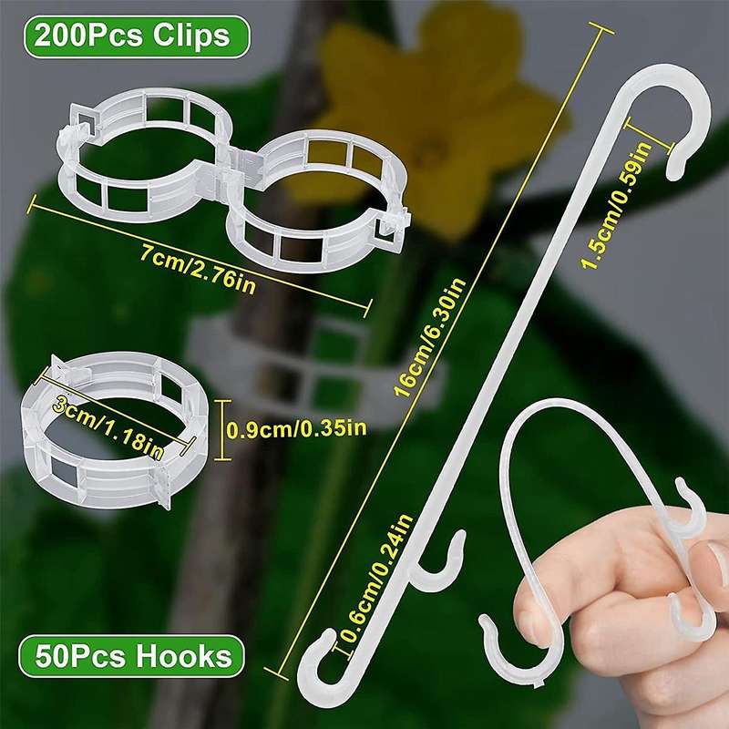 250 Pcs Tomato Clips, Plant Support Clips and J Tomato Hooks, Plastic Trellis Clips Vegetable Cages