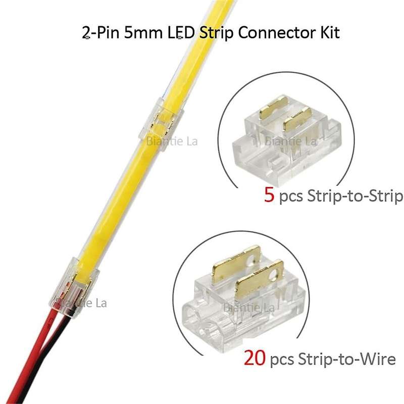 25PCS 2-Pin 5mm COB LED Strip Connector Kit for Strip-To-Wire and Strip-To-Strip Joints on 5V-24V DC