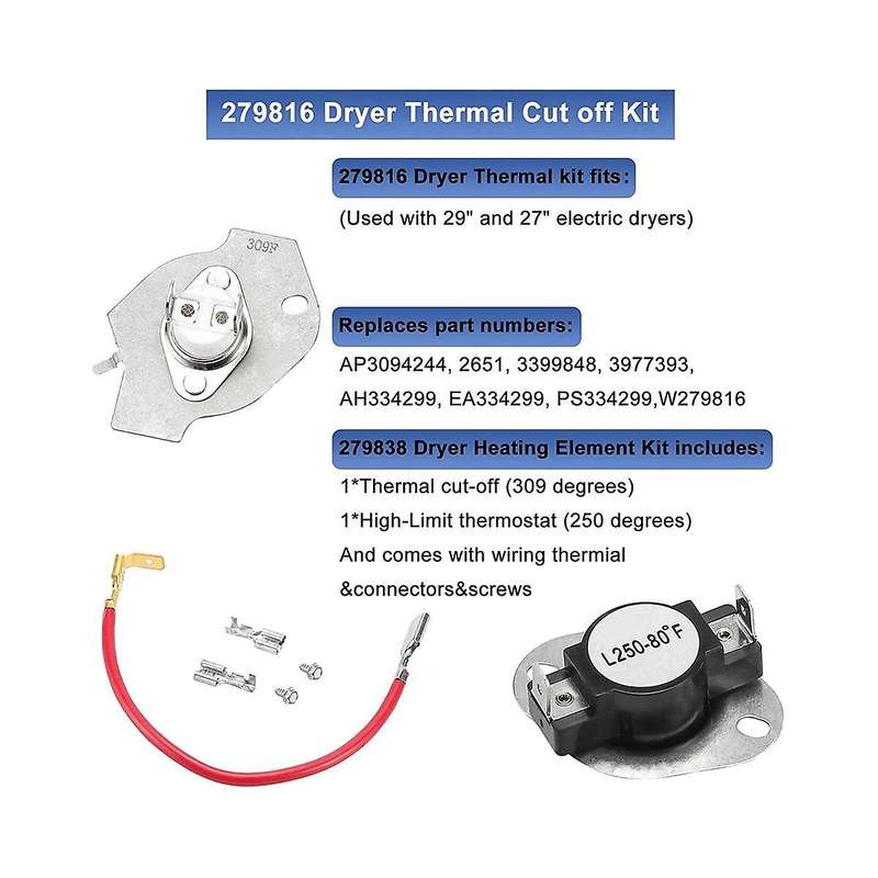 279816 Dryer Thermostat Thermal Cut Out Kit for & Dryers Replaces Ap3094244 3399848 Ps334299 279816