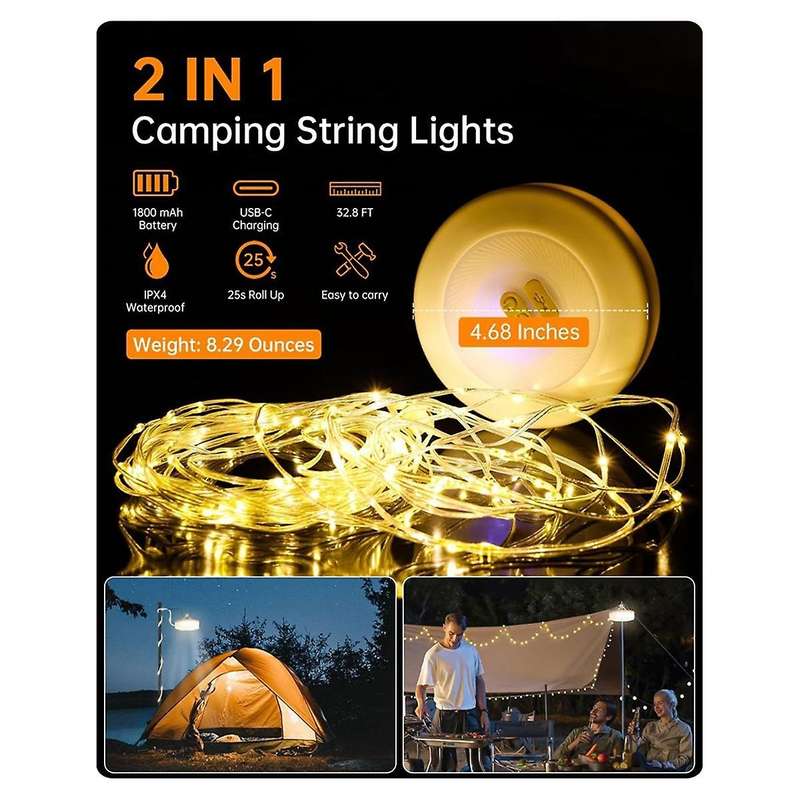 2-In-1 Outdoor Camping String Light with 5 Lighting Modes,Portable Led Camping Lantern for Tent,Yard