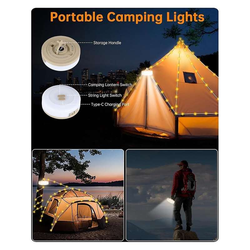 2-In-1 Outdoor Camping String Light with 5 Lighting Modes,Portable Led Camping Lantern for Tent,Yard