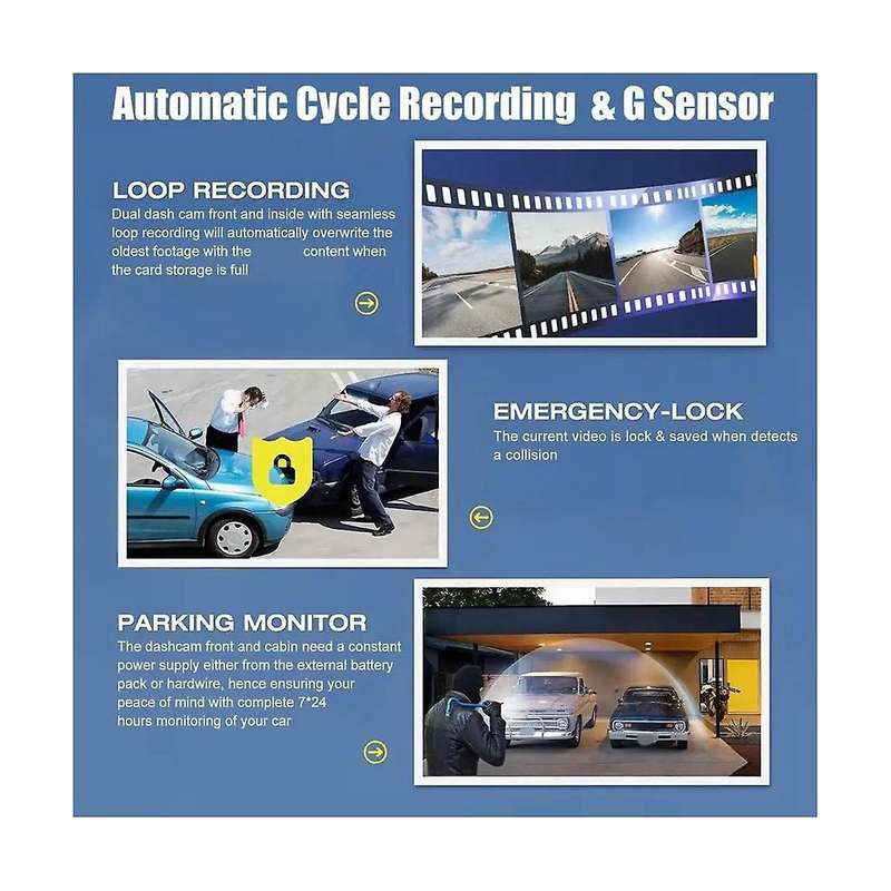 2inch 1080p Scren Car Camera Dvr Car Dashcam Front & Rear Camera with Inside Camera 24 Hour Parking