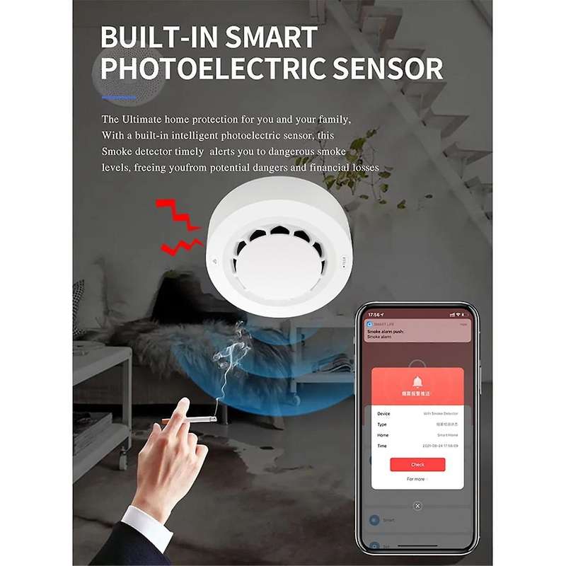 2-In-1 Wireless Tuya Smoke Detector with Temperature Humidity Smoke Fire Alarm for Home Connect Alar