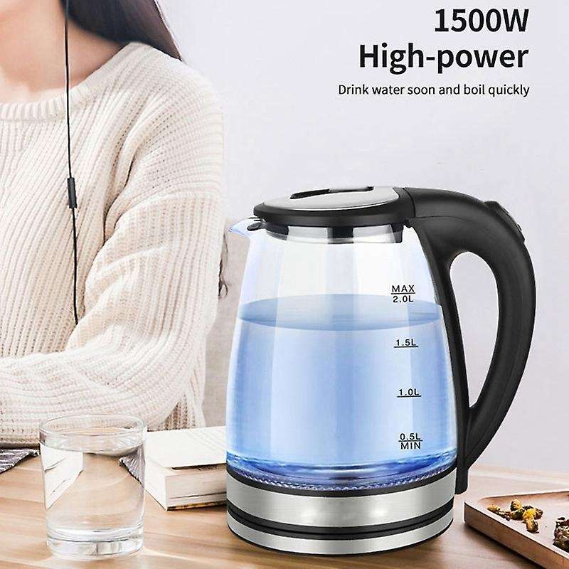 2L Stainless Steel Electric Kettle Blue LED Light Glass Hot Water Kettle UK Plug