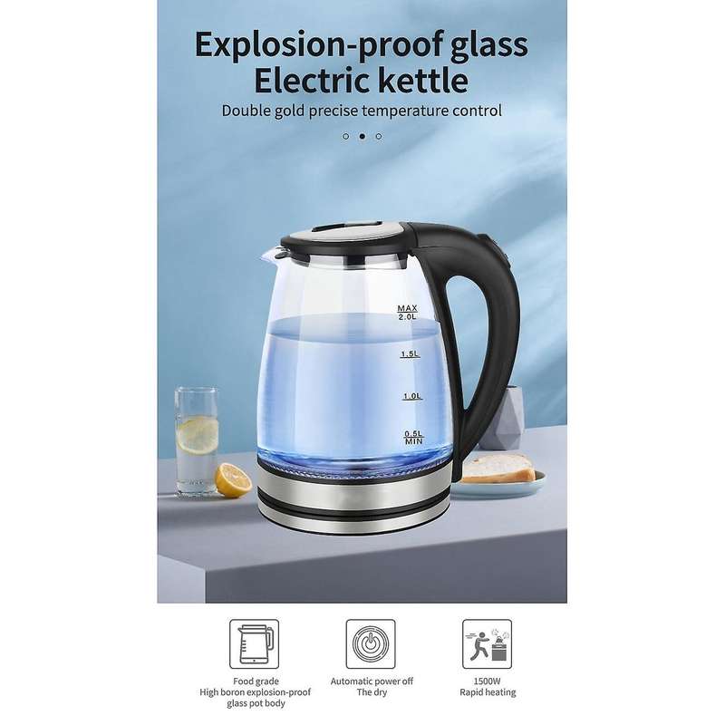 2L Stainless Steel Electric Kettle Blue LED Light Glass Hot Water Kettle UK Plug