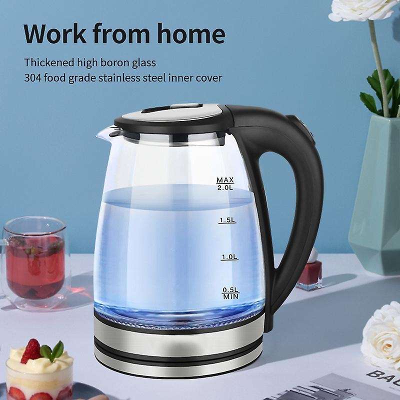2L Stainless Steel Electric Kettle Blue LED Light Glass Hot Water Kettle UK Plug