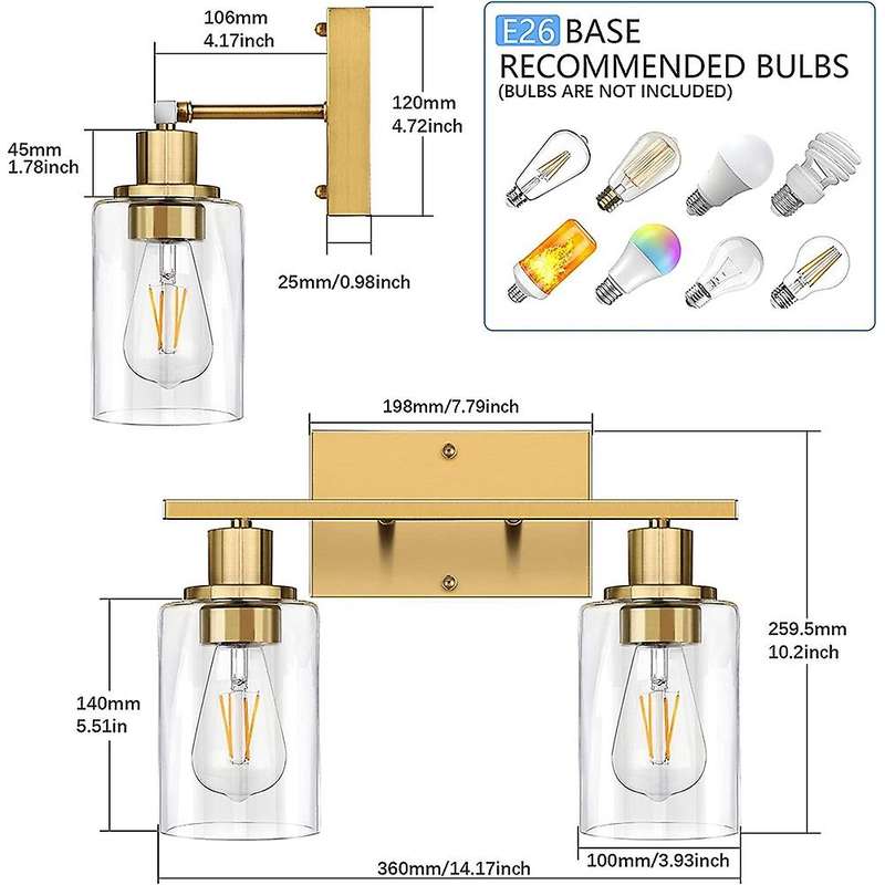 2-Light Gold Bathroom Vanity Light Fixtures, Modern Wall Lighting with Clear Glass Shade, Brushed Wa