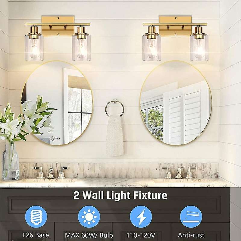 2-Light Gold Bathroom Vanity Light Fixtures, Modern Wall Lighting with Clear Glass Shade, Brushed Wa