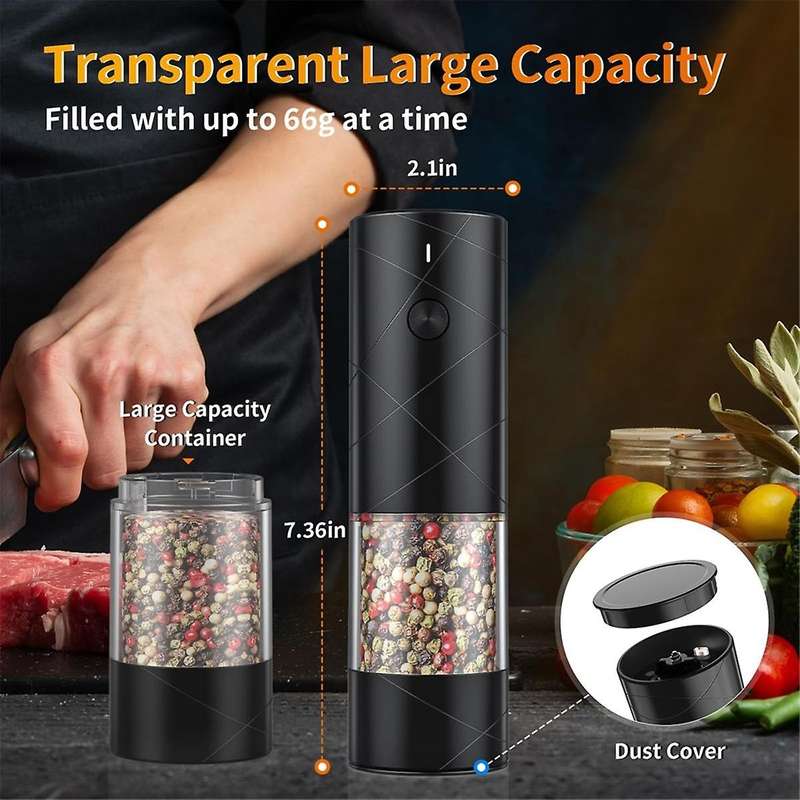 2pack Electric Salt and Pepper Grinder Set Usb Rechargeable with Warm Led Light, Adjustable Coarsene