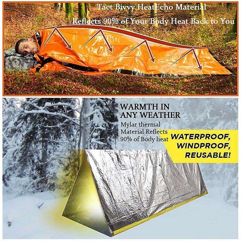 2-Pack Emergency Blanket Thermal Waterproof Survival Sleeping Bag for Outdoor Camping Hiking