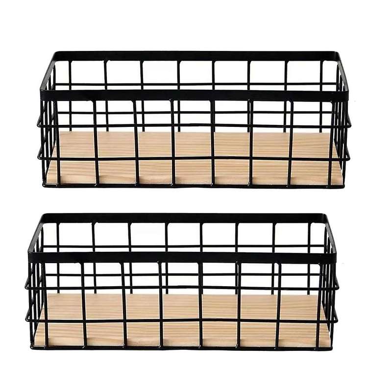 2Pack Metal Storage Basket with Wood Base,Decorative Baskets Storage,Wire Basket for Organizing Sma