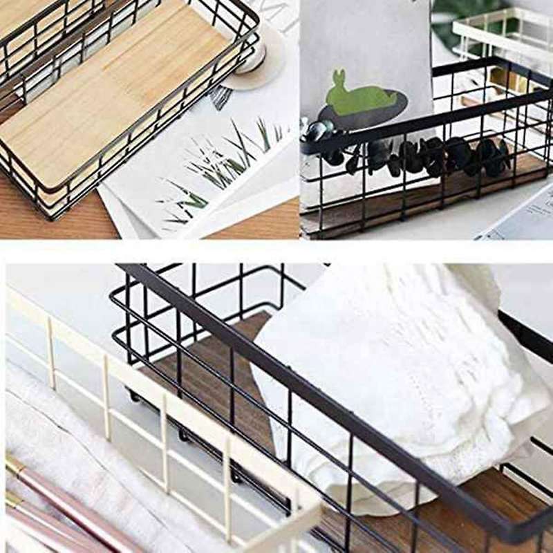 2Pack Metal Storage Basket with Wood Base,Decorative Baskets Storage,Wire Basket for Organizing Sma