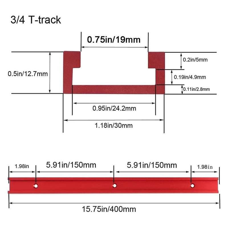 2pc Aluminum 400mm Double-Cut Profile Universal 3/4 T-Track with Predrilled Mounting Holes,30 Type T