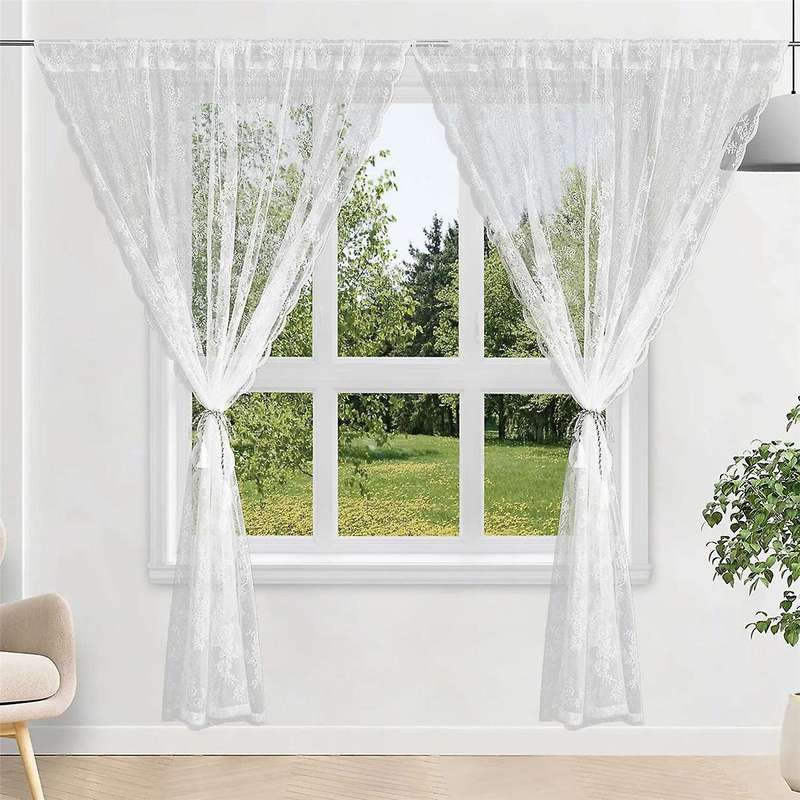 2pc/set Lace White Sheer Curtains for Living Room Bedroom Window Treatment Finished Voile Drape Bli