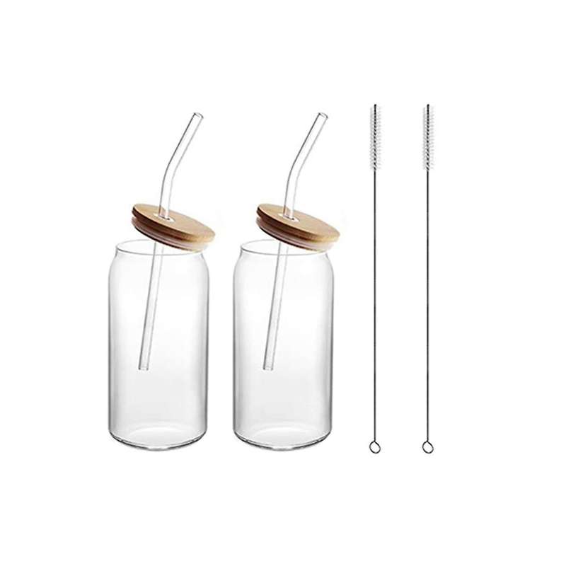 2pcs 16oz Glass Cups with Lids and Straws Clear Glass Cups for Coffee, Beer, Tea, Wine Glasses Bever