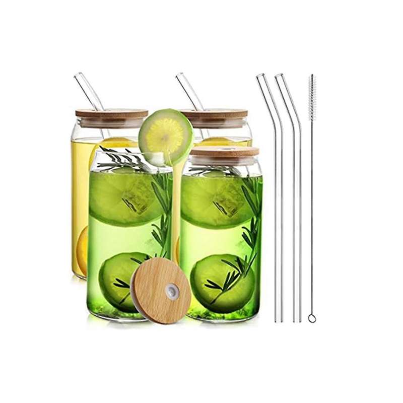 2pcs 16oz Glass Cups with Lids and Straws Clear Glass Cups for Coffee, Beer, Tea, Wine Glasses Bever