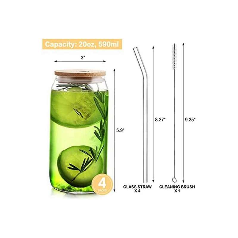 2pcs 16oz Glass Cups with Lids and Straws Clear Glass Cups for Coffee, Beer, Tea, Wine Glasses Bever