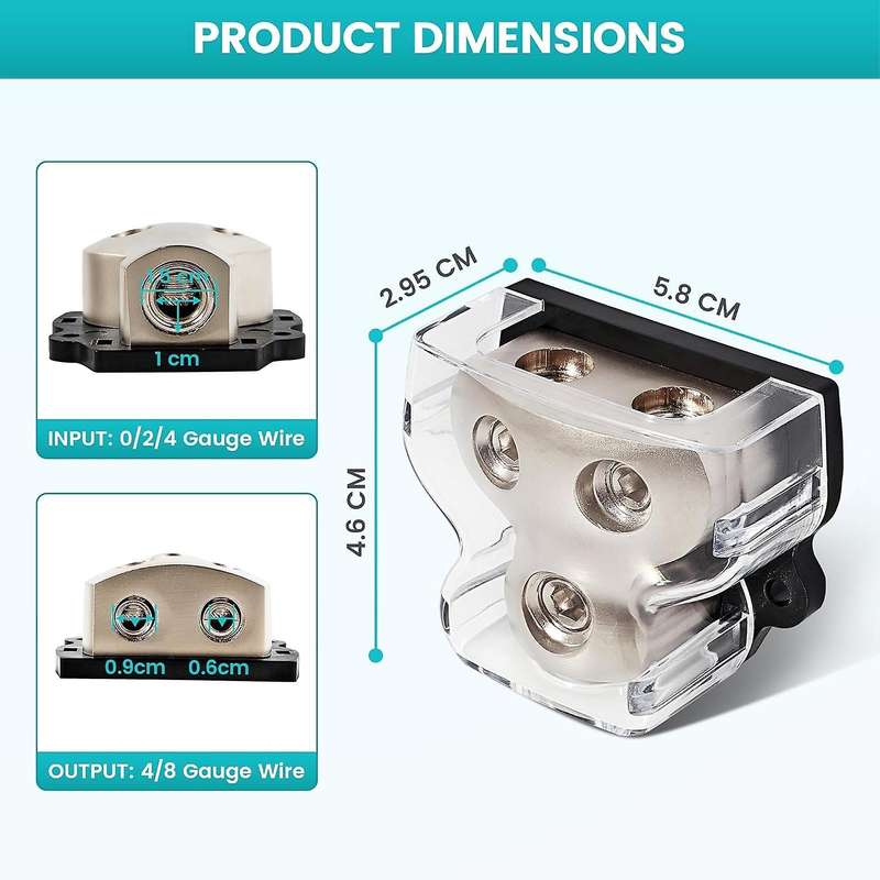 2PCS 2-Way Power Distribution Block, 0/2/4 Gauge in 4/8 Gauge Out Auto Car Audio Distribution Connec