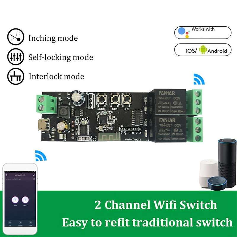 2Pcs 2CH Tuya APP Wifi Wireless DIY Smart Switch Module Smart Home Garage Universal Remote Relay for