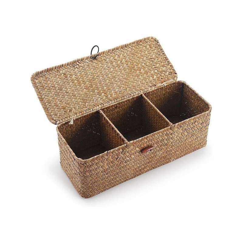 2pcs 3 Grids Hand-woven Water Hyacinth Baskets with Lid, Straw Storage Basket
