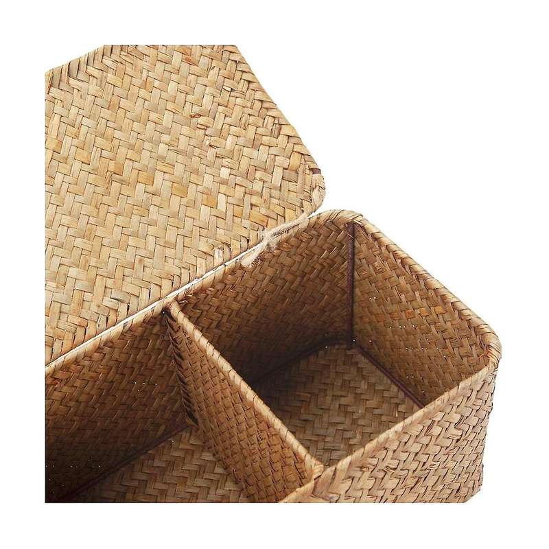 2pcs 3 Grids Hand-woven Water Hyacinth Baskets with Lid, Straw Storage Basket