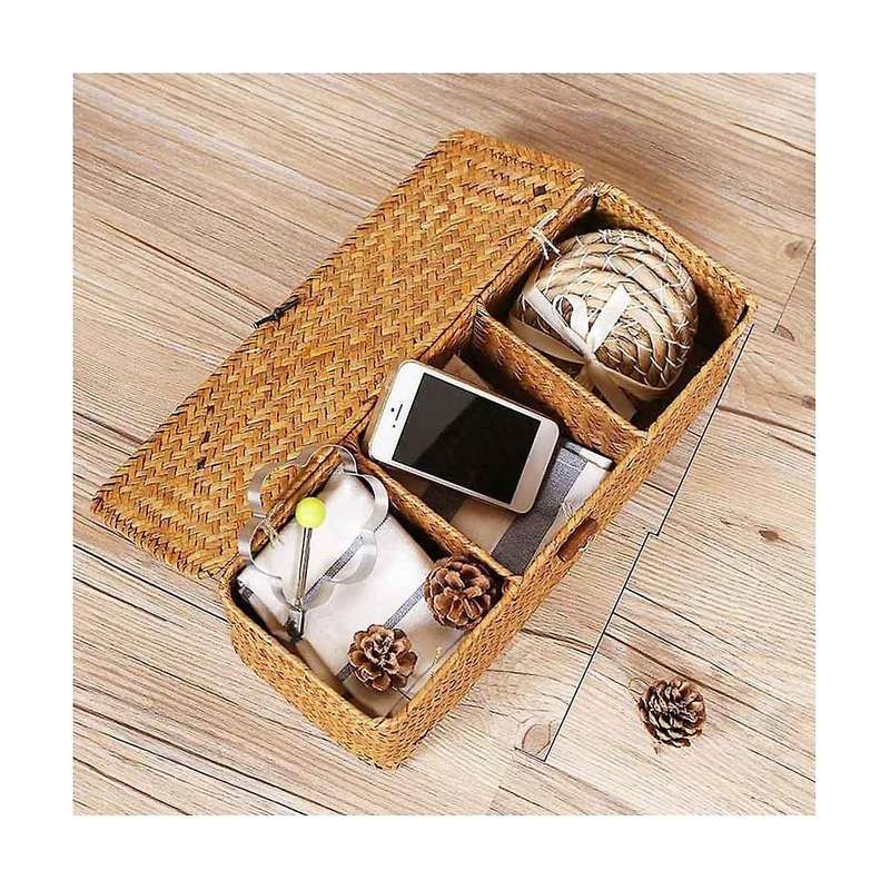 2pcs 3 Grids Hand-woven Water Hyacinth Baskets with Lid, Straw Storage Basket