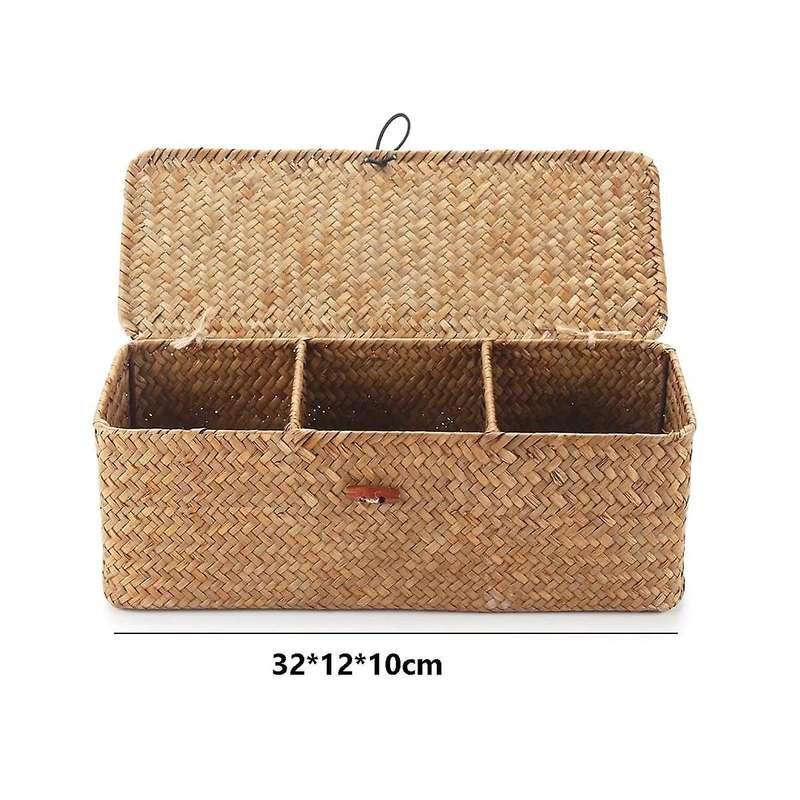 2pcs 3 Grids Hand-woven Water Hyacinth Baskets with Lid, Straw Storage Basket