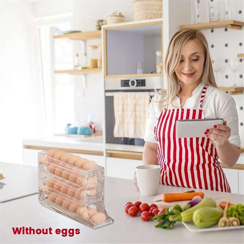 2Pcs 4 Tiers Egg Holder for Fridge, Automatic Scrolling Dispenser Egg Rack Holder, Storage 30 Egg fo