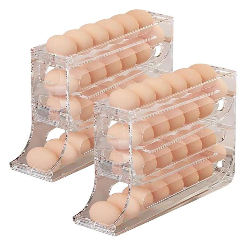 2Pcs 4 Tiers Egg Holder for Fridge, Automatic Scrolling Dispenser Egg Rack Holder, Storage 30 Egg fo