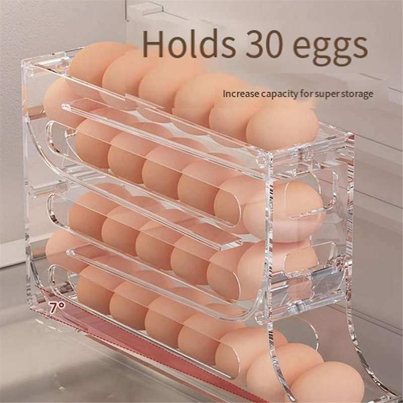 2Pcs 4 Tiers Egg Holder for Fridge, Automatic Scrolling Dispenser Egg Rack Holder, Storage 30 Egg fo
