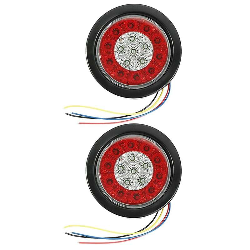 2Pcs 4in Red/White Round Tail 16-LED Stop Brake Turn Signal Lights Truck Trailer Lights