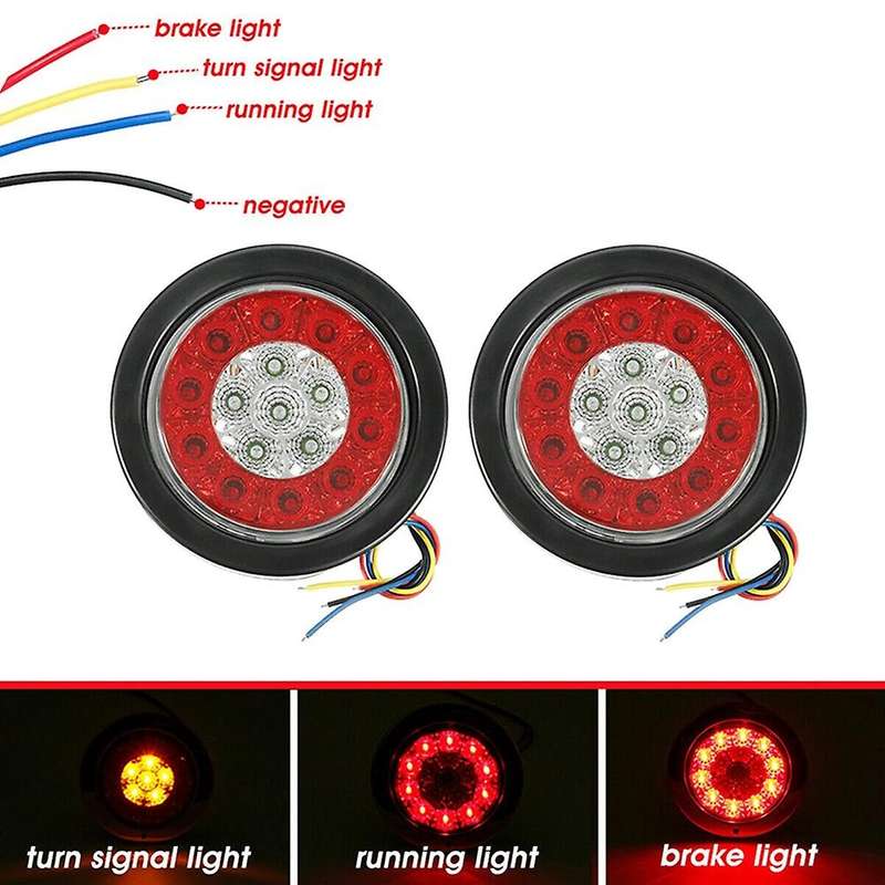 2Pcs 4in Red/White Round Tail 16-LED Stop Brake Turn Signal Lights Truck Trailer Lights