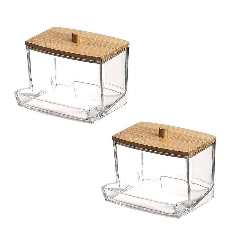 2pcs Acrylic Cotton Swab Box with Bamboo Cover In Bathroom, Bathroom Counter, Cotton Swab Storage T