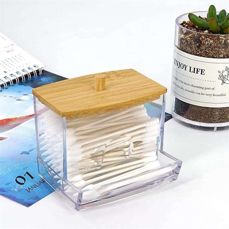 2PCS Acrylic Cotton Swab Box with Bamboo Cover in Bathroom, Bathroom Counter, Cotton Swab Storage Ta