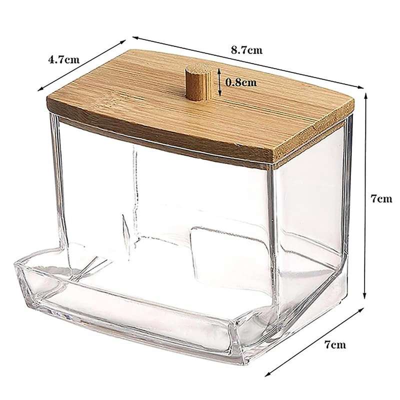 2PCS Acrylic Cotton Swab Box with Bamboo Cover in Bathroom, Bathroom Counter, Cotton Swab Storage Ta
