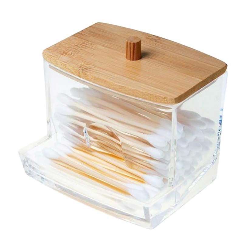 2PCS Acrylic Cotton Swab Box with Bamboo Cover in Bathroom, Bathroom Counter, Cotton Swab Storage Ta