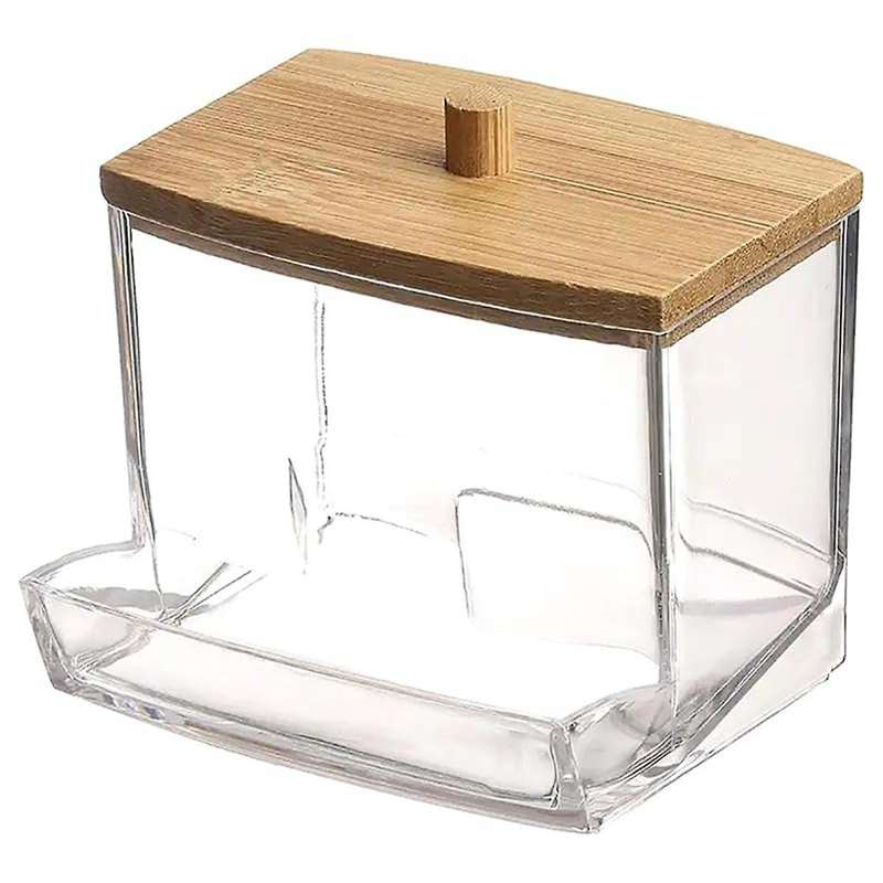 2PCS Acrylic Cotton Swab Box with Bamboo Cover in Bathroom, Bathroom Counter, Cotton Swab Storage Ta