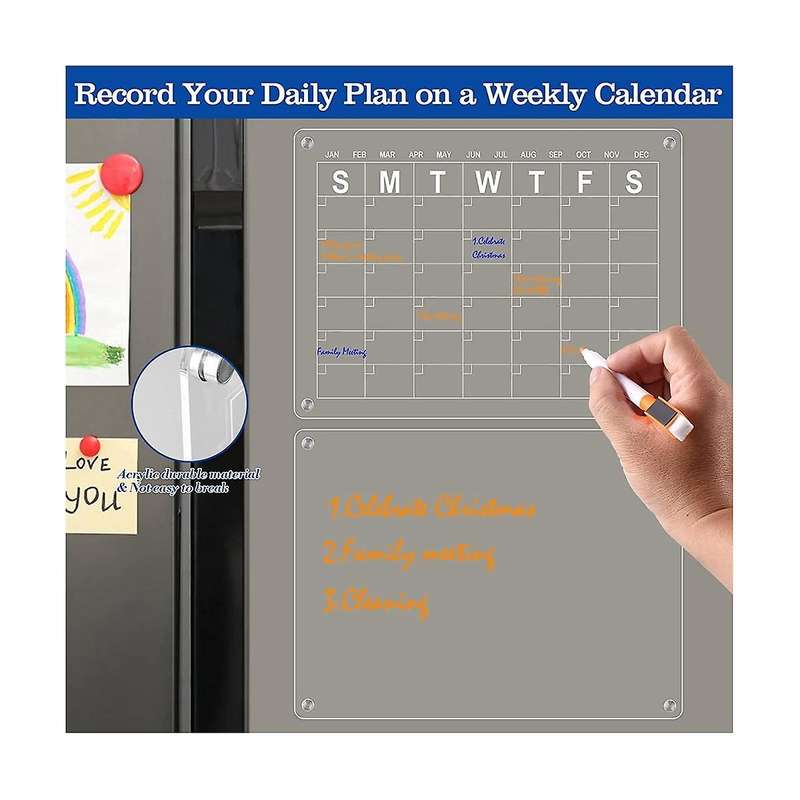 2pcs Acrylic Magnetic Calendar for Fridge, Dry Erase Board Calendar,reusable Planner with 8 Dry Eras