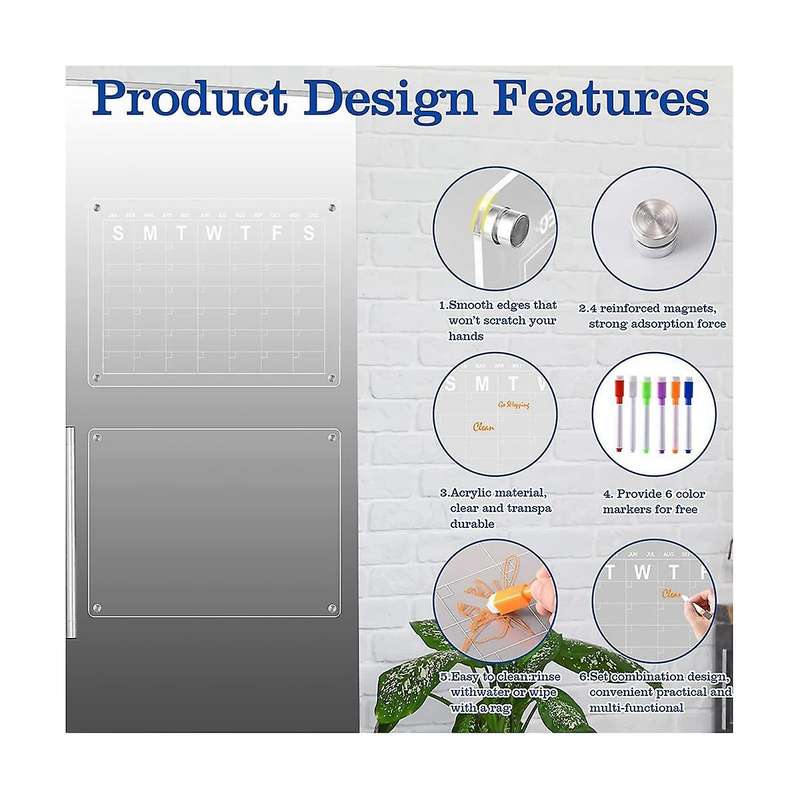 2pcs Acrylic Magnetic Calendar for Fridge, Dry Erase Board Calendar,reusable Planner with 8 Dry Eras