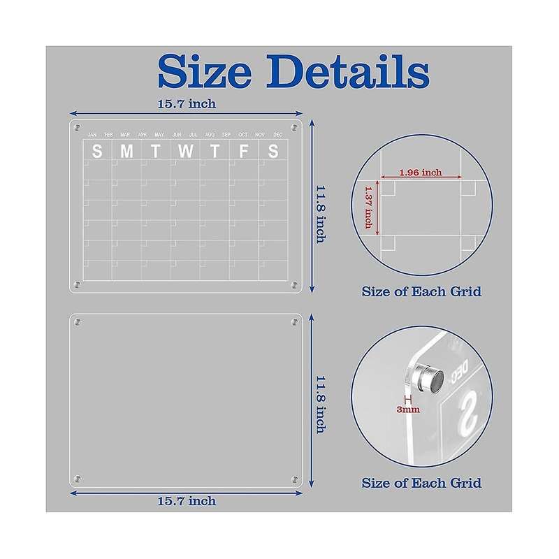 2pcs Acrylic Magnetic Calendar for Fridge, Dry Erase Board Calendar,reusable Planner with 8 Dry Eras